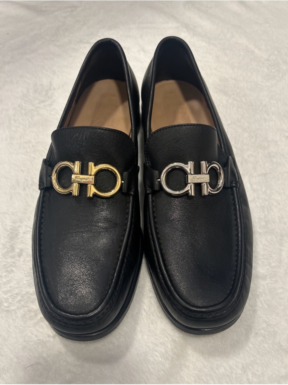 Salvatore Ferragamo Black Leather Loafers with Mixed Metal Gancini